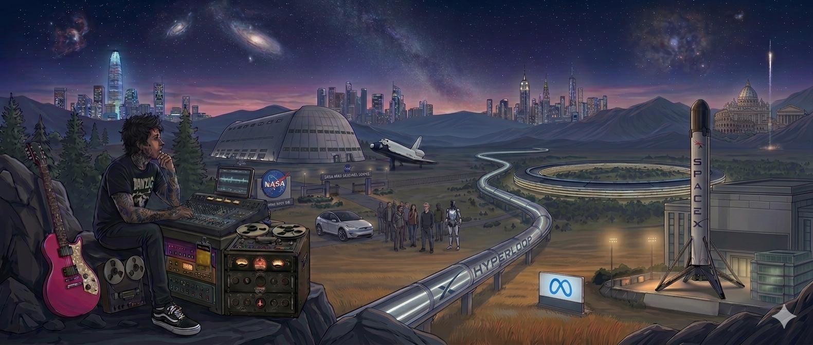 Illustrated panorama of Silicon Valley featuring NASA Ames Research Park, SpaceX, and tech landmarks